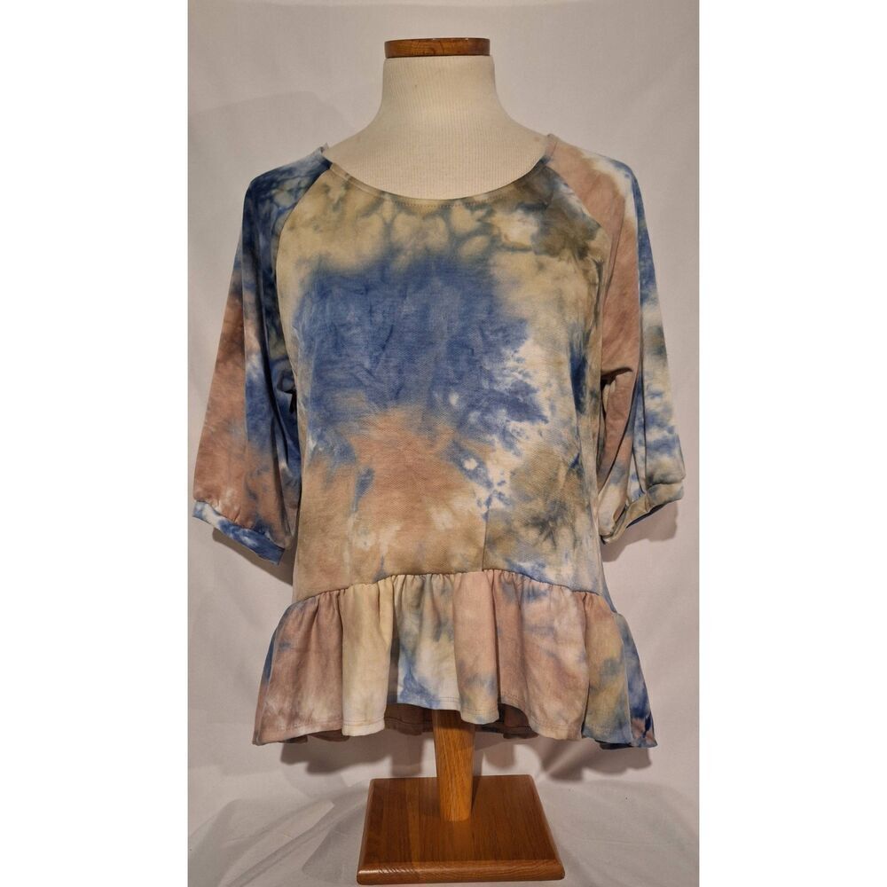 Thyme & Honey‎ Womens Brown and Grey Tie Dye Peplum Top Size Medium NWOT